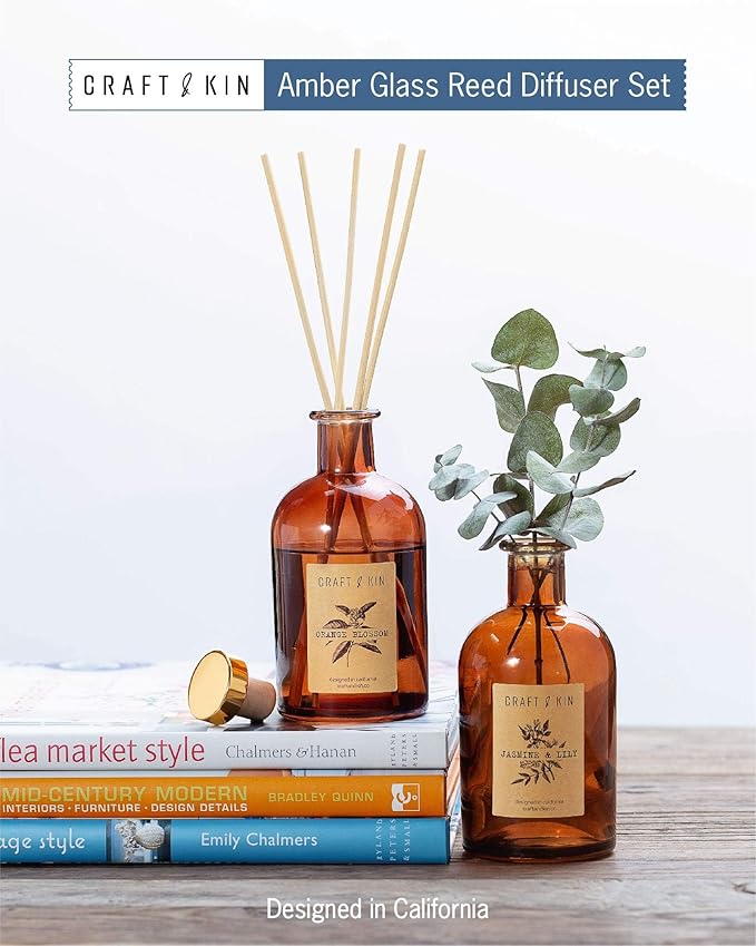 Craft & Kin Oud Wood Diffuser Reed Diffuser | All Natural Essential Oil & 8 Rattan Scent Sticks | Reed Diffusers for Home, Bathroom | Long Lasting Home Fragrance in Amber Glass, 5.75oz CraftKin