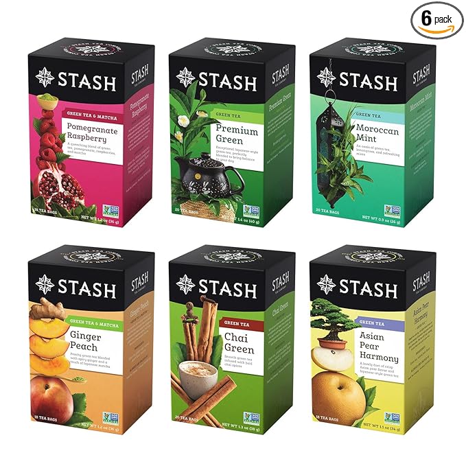 STASH Green Tea Variety Pack – Caffeinated, 6 Boxes of 18-20 Tea Bags Each – Pomegranate Raspberry, Premium Green, Moroccan Mint, Ginger Peach, Chai Green & Asian Pear Harmony - Bloomnest