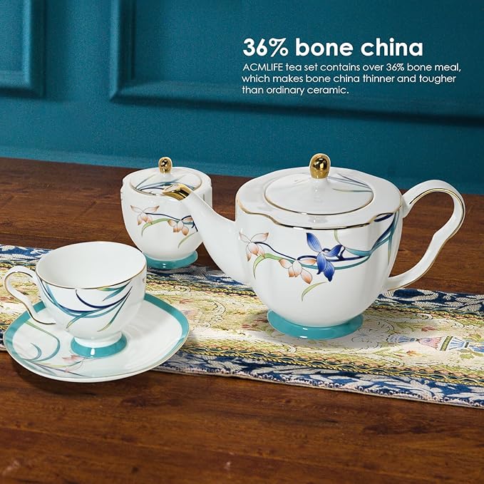 ACMLIFE Tea Cups and Saucers for 1, Bone China Teacup Set for Adults with Gold Trim and Gift Box, Blue and White Chinese English British Wedding Tea Set for One Coffee Cup Set 6.8 oz (Blue-Bamboo) - Bloomnest