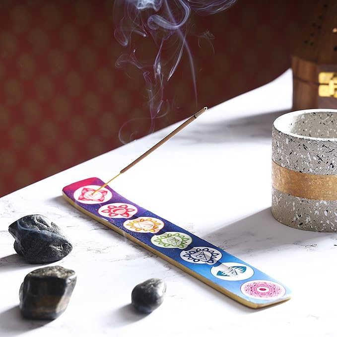 Bless-International Traditional-Handmade-Burner Wooden-Incense-Stick-Holder Ash-Catcher-Stand for-Aromatherapy-Meditation-Yoga (Seven Chakkra) 10 Inches, Pack of 2 - Bloomnest