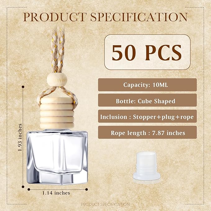BBTO 50 Pcs Hanging Car Air Freshener Car Diffuser Bottles Empty Glass Perfume Bottle Freshener Diffuser Bottle Pendant for Essential Oil Fragrance Aromatherapy Bottle Ornament(Cube) - Bloomnest