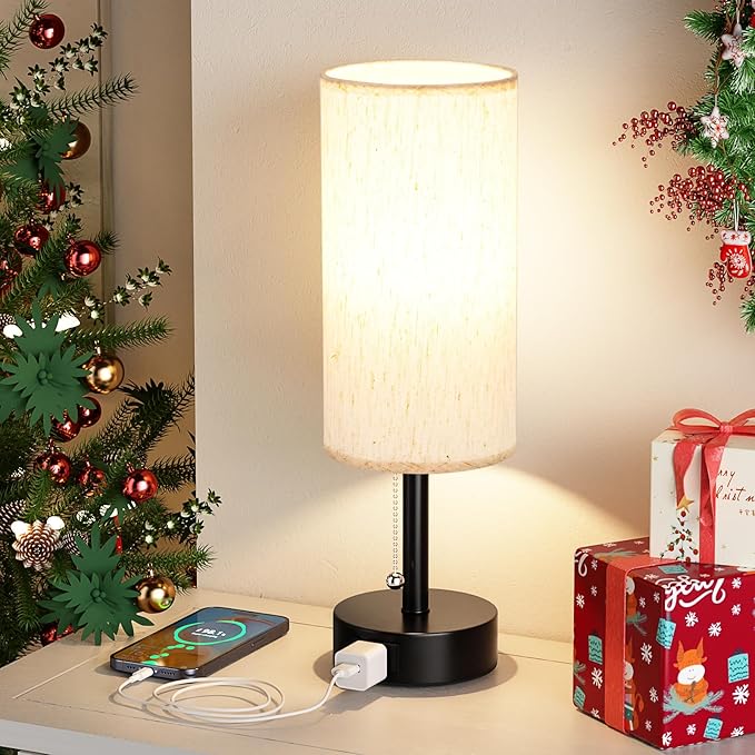 Fenmzee Bedside Table Lamp for Nightstand - 3 Color Temperatures Pull Chain Lamp with AC Outlet Charging Port, Round Night Stand Light for Bedroom Living Room, Small Bed Side Light with E26 LED Bulb - Bloomnest