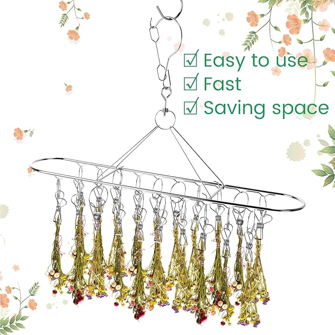 6 Pcs Herb Drying Rack Hanging - Stainless Steel with Clips Clothes Laundry Drying Rack Hanger Collapsible for Plants Bud Weed Onion Macrame Flower Spices(Oval) - Bloomnest