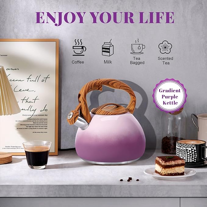 GGC Tea Kettle for Stove Top, 3.1QT/3L Whistling Tea Kettles for Boiling Water Coffee or Milk, Purple Tea Pot with Wood Parttern Handle, Stainless Steel Tea Pot for Home and Kitchen - Bloomnest