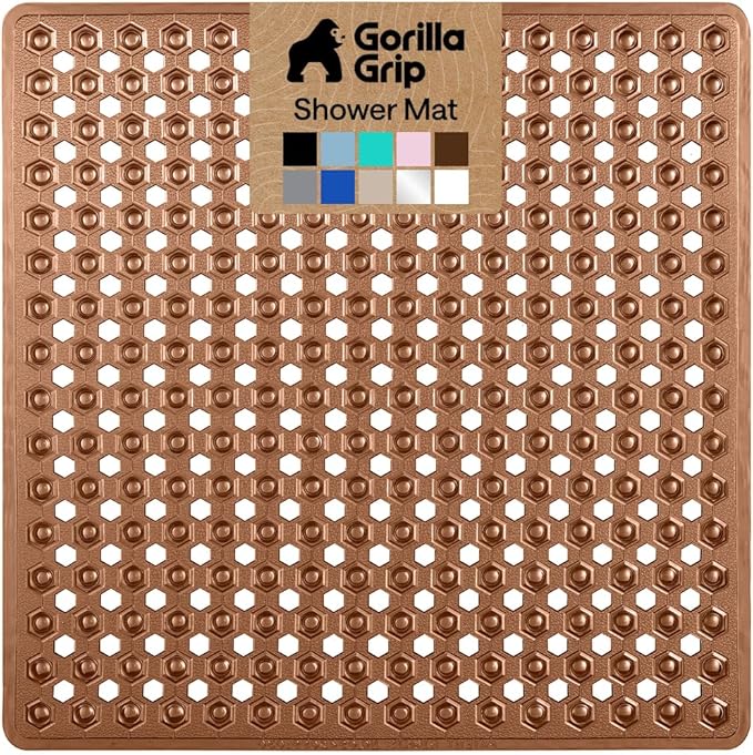 GORILLA GRIP Patented Square Shower Stall Mat, Small Bathtub Floor Mats for Stand Up Showers with Suction Cups and Drainage Holes, Machine Wash, Soft on Feet, Bathroom Accessories 21x21 Inch, Brown - Bloomnest