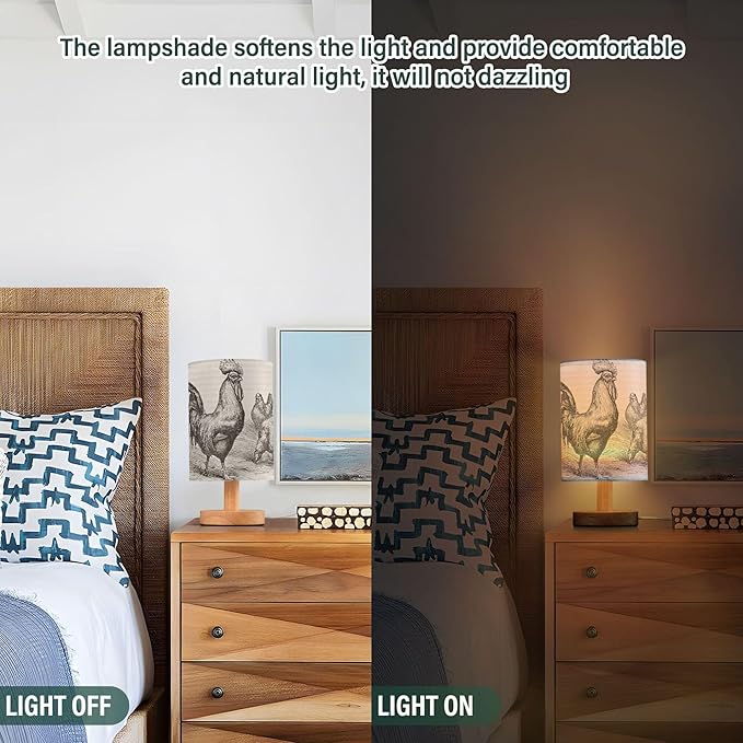 Table Lamp Retro Vintage Rooster Chicken Nightstand Lamp with Wood Base Fabric Lamp Shade Bedside Desk Lamp for Living Room Bedroom Kids Room Office - Bloomnest