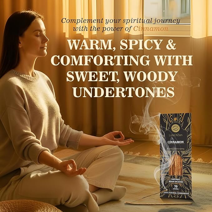 Cinnamon Incense Sticks, 70 Pack – Hand-Rolled, 8-Inch, Long-Burning – Natural Warm Sweet Aroma for Meditation, Yoga, Relaxation, Spiritual Practices LotsOfZen