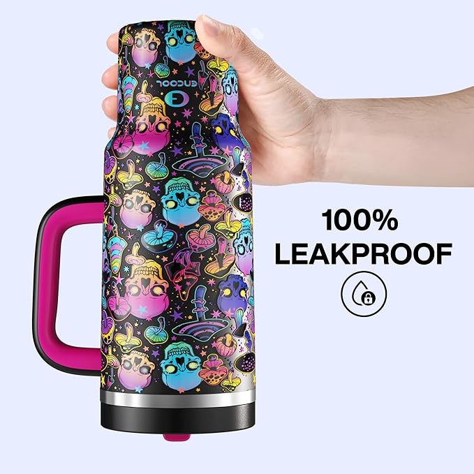 ENCOOL 40 oz Tumbler with Handle and Straw: Stainless Steel Insulated Tumbler Keeps Cold for 24 Hours, Leakproof Travel Cup Fits in Cup Holder and BPA-Free, Trippy Skulls ENCOOL