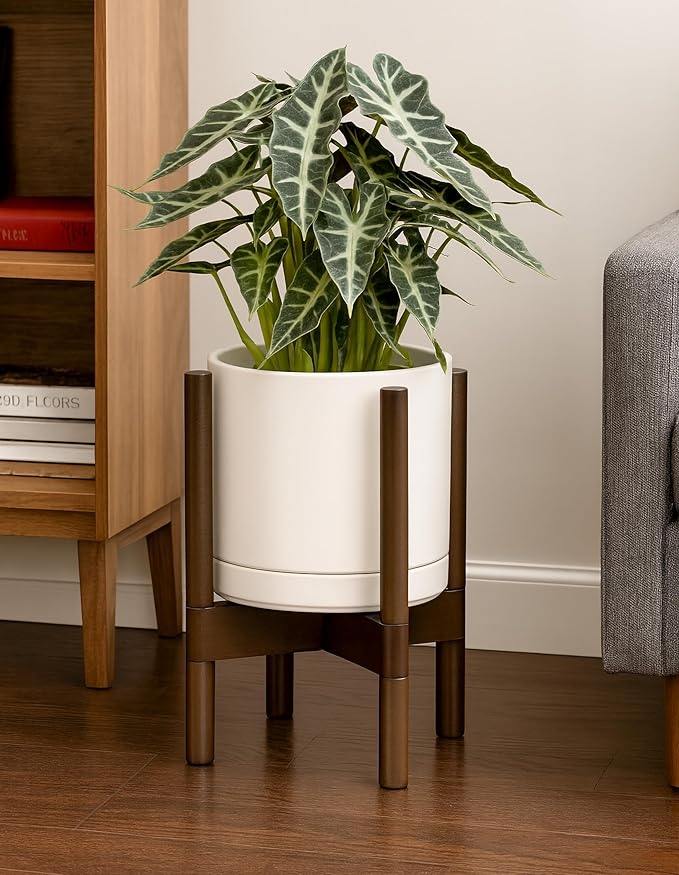 D'vine Dev Ceramic Planter with Walnut Color Stand - 8 Inch Modern Round Flower Pot with Wood Planter Holder, Oatmeal, 55-B-Y-8 - Bloomnest