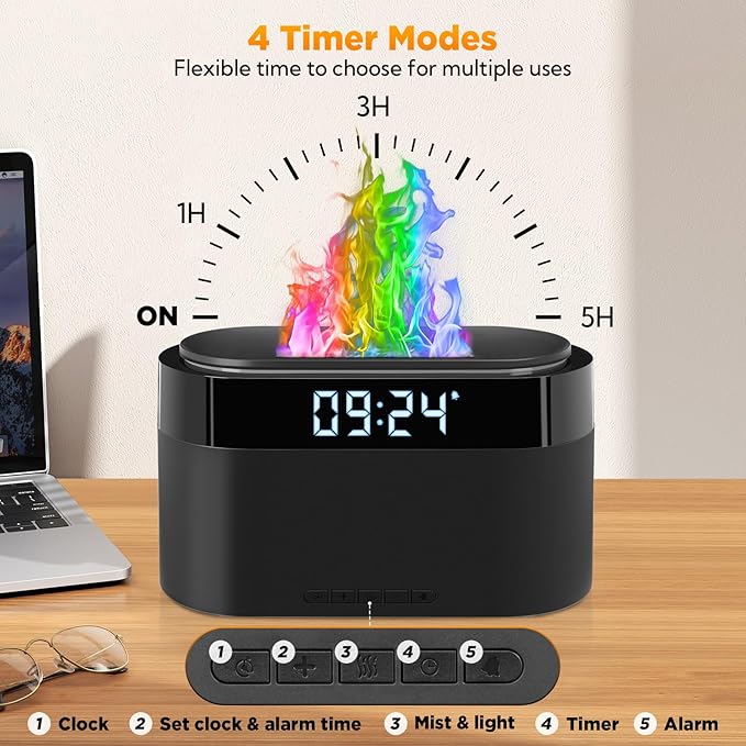 Flame Diffuser for Essential Oils, 200ml Essential Oil Diffuser with Alarm Clock, Upgraded Aromatherapy Diffuser Aroma Humidifier with 7 Color Remote & Auto-Off Protection for Home Yoga Office - Bloomnest