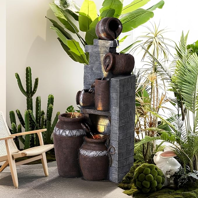 6-Tiers Garden Waterfall Fountain Outdoor - 31’5''H Water Fountains and Waterfalls, Large Outdoor/Indoor Floor Standing Resin Water Fountain with LED Light for Patio, Garden and Home (31.5”H) - Bloomnest