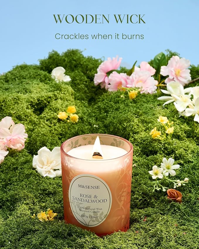 M&SENSE Rose Sandalwood Scented Candle, Cracking Wooden Wick Soy Wax, 18oz 100 Hours Long Lasting Clean Burn, Large Jar Candles for Home Decor, Non-Toxic Relaxing Aromatherapy Gifts for Women - Bloomnest