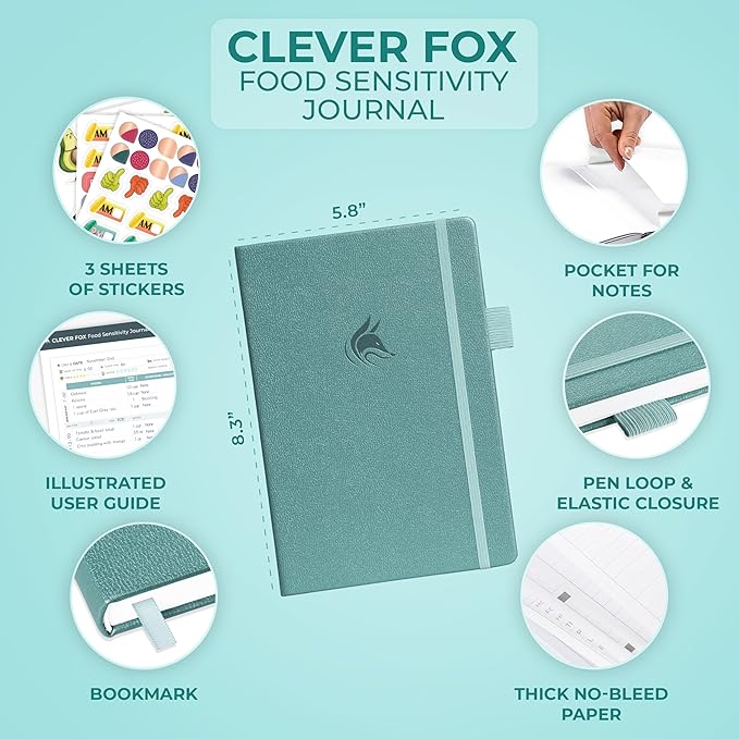 Clever Fox Food Sensitivity Journal – Daily Intolerance & Symptom Log for IBS, Diabetic, Low Fodmap, Elimination Diet – Health Tracker (Aquamarine) - Bloomnest