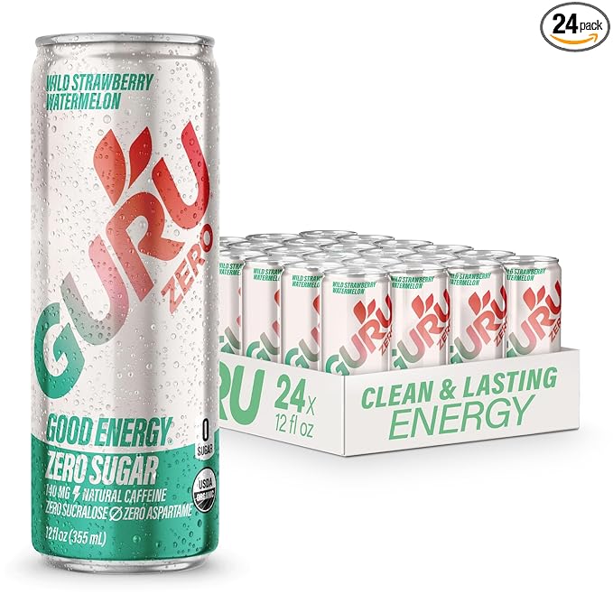 GURU ZERO SUGAR Wild Strawberry Watermelon Organic Energy Drinks, Clean Energy Drink with Plant Based Natural Caffeine from Green Tea, Coconut Water, Prebiotic, Zero Added sugars, Gluten Free and Vegan, Pre Workout, Healthy Drinks, 12oz (Pack of 24) - Bloomnest