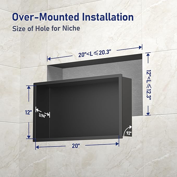 Stainless Steel Shower Niche 20" X 12" Matte Black No Tile Needed Niche Shower Recessed Wall Horizontal Niches for Bathroom Storage Over Mount Installation - Bloomnest