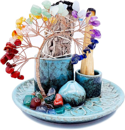 5 in 1 Incense Burner Holder with Crystal Healing Tree, Palo Santo Holder, Sage Holder, Incense Holder for Sticks/Cones/Candles, Ceramic Tray Ash Catcher for Burning Incense, Meditation Gift - Bloomnest