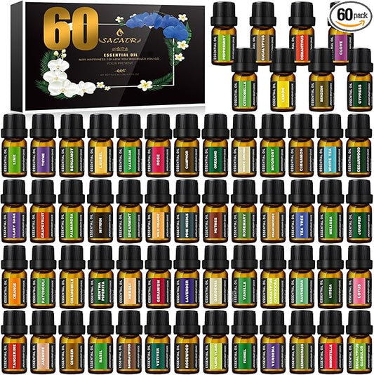 SACATR 60 Bottles Premium Essential Oils Set - Natural Essential Oils for Diffuser, Humidifier, Candle and Soap Making（60x5 ML） SACATR