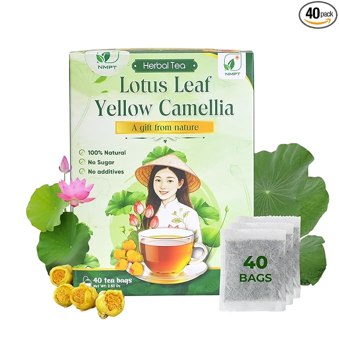 NMPT Dried Lotus Leaf Yellow Camellia Tea, Handpicked, Organic Herbal Tea, 40 Sachets, Cold-Dried, Gluten-Free, No Added Sugar, Mild Sweet Flavor, Supports Overall Health - Bloomnest