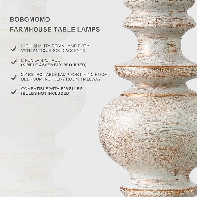 BOBOMOMO 20" Retro Table Lamps Set of 2 - Farmhouse Lamp for Living Room with Linen Shades, Rustic Bedside Nightstand Lamps, Resin Lamps for Bedroom Nursery Room Hallway - Ideal for Compact Spaces - Bloomnest