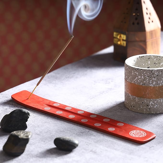 Bless-International Traditional-Handmade-Burner Wooden-Incense-Stick-Holder Ash-Catcher-Stand for-Aromatherapy-Meditation-Yoga (Fire Red) 10 Inches, Pack of 2 - Bloomnest