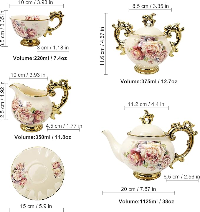 fanquare 15 Pieces British Porcelain Tea Set, Floral Vintage China Coffee Set, Wedding Tea Service for Adult, Big Tea Cup - Bloomnest