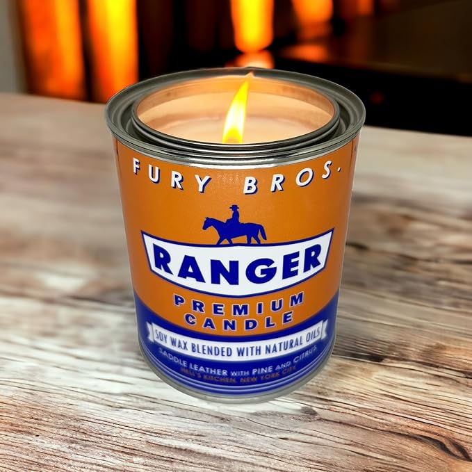 Fury Bros. Scented Candles for Men | Ranger | Saddle Leather Pine Citrus | Natural Soy Wax | Hand-Poured in The USA | Long 70-80 Hour Burn (12.5 oz) | Vintage-Inspired Tin Design | Dad Home Gift - Bloomnest