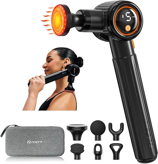 NAPRE Massage Gun with Heat,Massage Gun Deep Tissue with Extension Handle & 3 Adjustable Angles,Handheld Percussion Back Massager for Muscle/Neck/Body Pain Relief with Portable Case,Black - Bloomnest