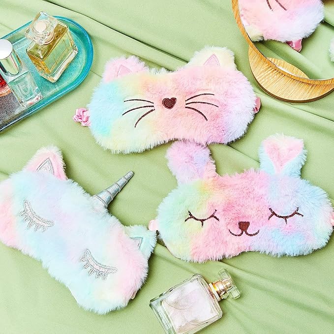 3 Pieces Sleep Mask for Kids, Girls Plush Sleeping Eye Cover Soft Eye Blindfold Cover Animal Shade for Kids(Rainbow Color,Bunny, Cat and Unicorn Style) - Bloomnest