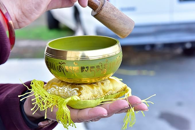 3.75" Tibetan Meditation Yoga Singing Bowl Yellow Set with free Wooden Mallet and Silk Cushion from Nepal, Singing bowls. - Bloomnest