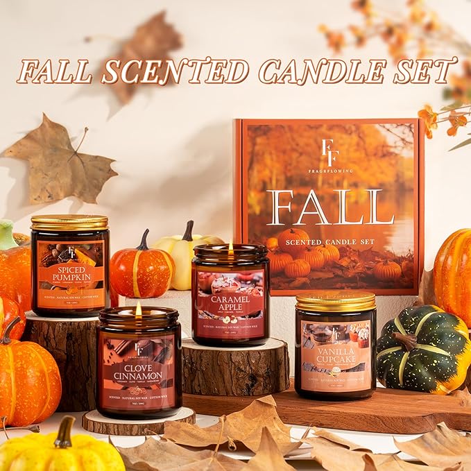 Fall Candles Set, 4 Pack Candles for Home Scented Natural Soy Wax, Autumn Gifts Set for Women Men, Fall Fragrance of Pumpkin/Cinnamon/Vanilla Cupcake/Apple - Bloomnest