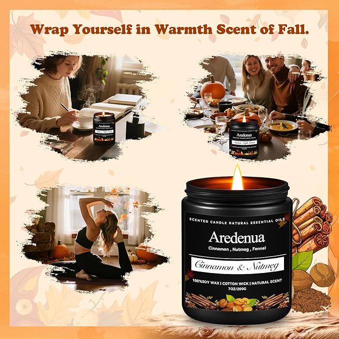 Cinnamon & Nutmeg Candle - Fall Candle | Autumn Scented Candles for Home, 7oz Autumn Soy Candles with 50hr Burn Time, Holiday Thanksgiving Fall Gifts for Women Men - Bloomnest