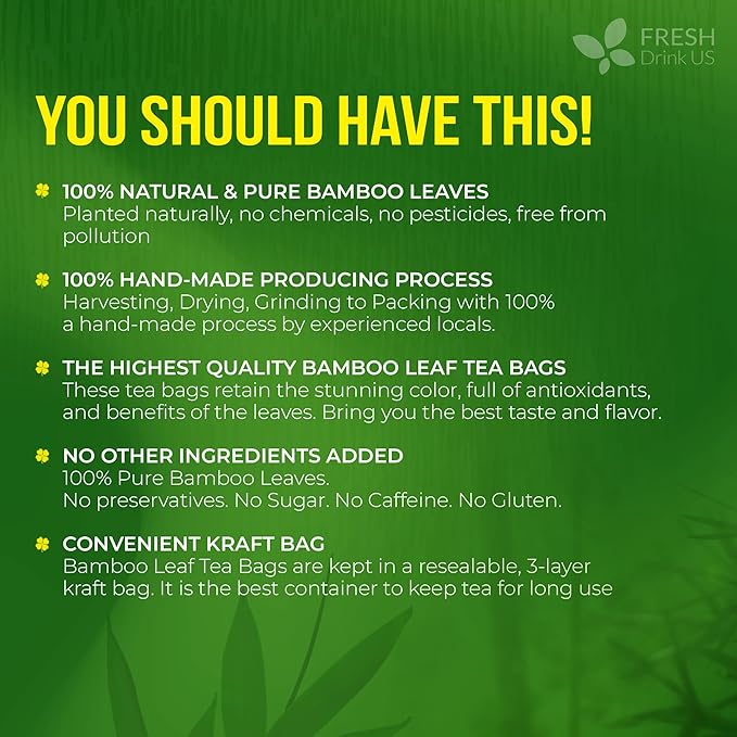 FreshDrinkUS, Premium Bamboo Leaf Tea Bags | 40 Count | Naturally Light & Refreshing Caffeine-Free Herbal Tea – From 100% Natural Bamboo Leaves. Sugar-Free. Vegan - Bloomnest