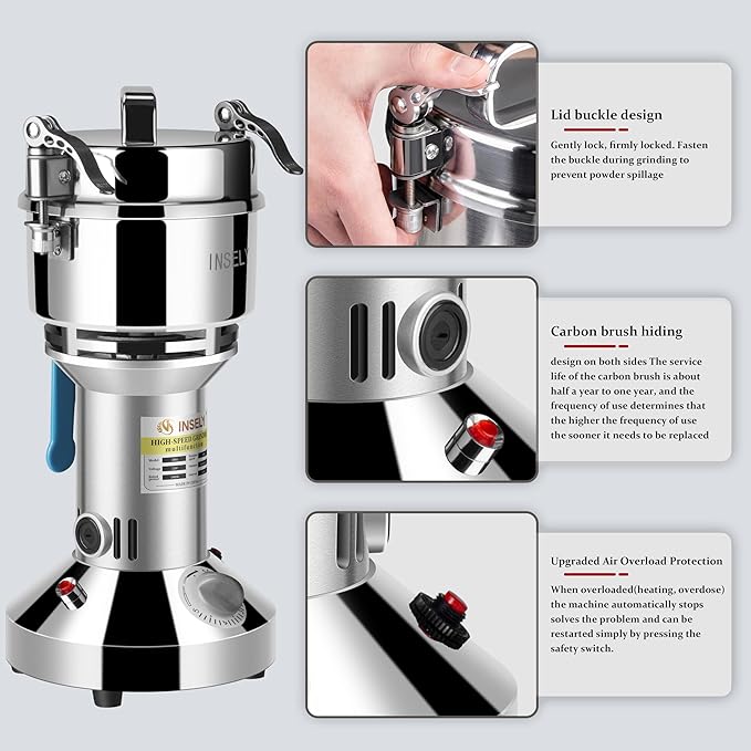Grain Mill Grinder 300g High Speed Food Grain Mill Stainless Steel Seeds Flour Nut Pill Wheat Corn Herbs Spices & Seasonings Dry Grinder Electric Machine Grinder for Kitchen - Bloomnest