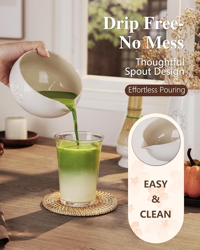 ZENS Matcha Whisk Set, Ceramic Matcha Set Includes 15oz Sakura Bowl, Bamboo Whisk & Chasen Holder, Scoop & Sifter-Tea Towel, 6pcs Matcha Kit for Matcha Lovers, White - Bloomnest