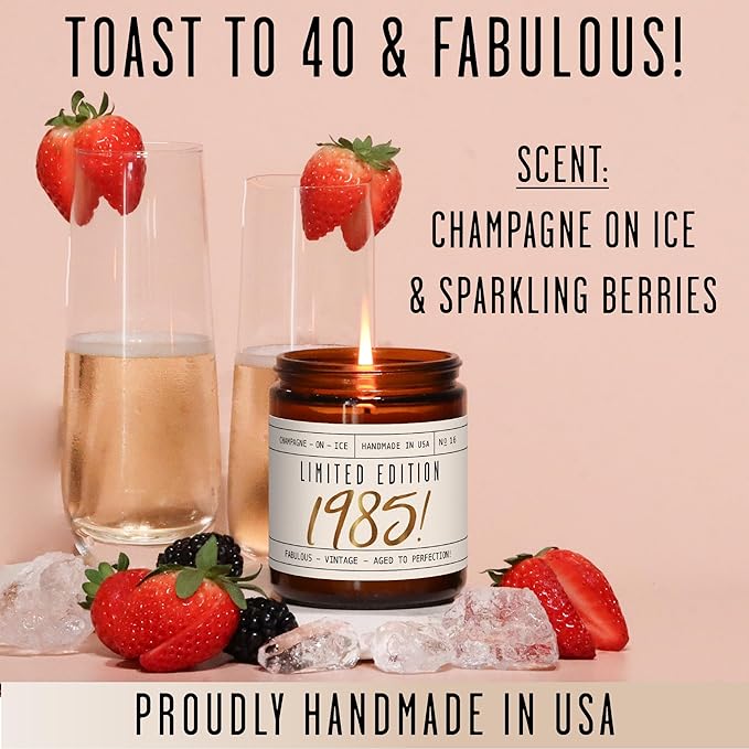 40th Birthday Gifts for Women Unique - 'Limited Edition 1985' Soy, w/Champagne on Ice I 40 Year Old Birthday Gifts for Women I 9oz Reusable Jar, 50Hr Burn, Made in USA - Bloomnest