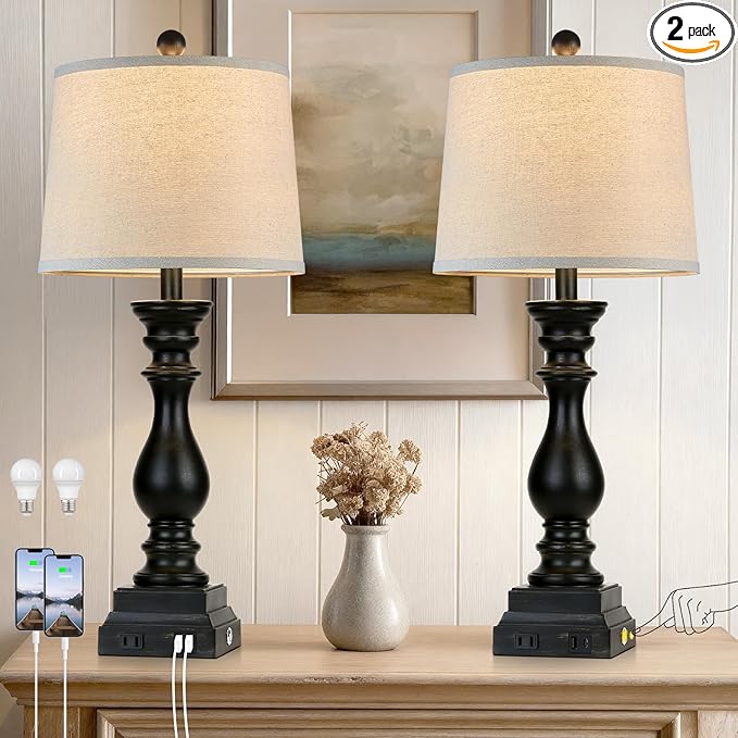 28" Farmhouse Table Lamps Set of 2 with USB C+A Ports and AC Outlet, 3 Way Touch Tall Vintage Bedside Lamp for Living Room, Black Rustic Nightstand Lamp for Bedroom Office - Bloomnest