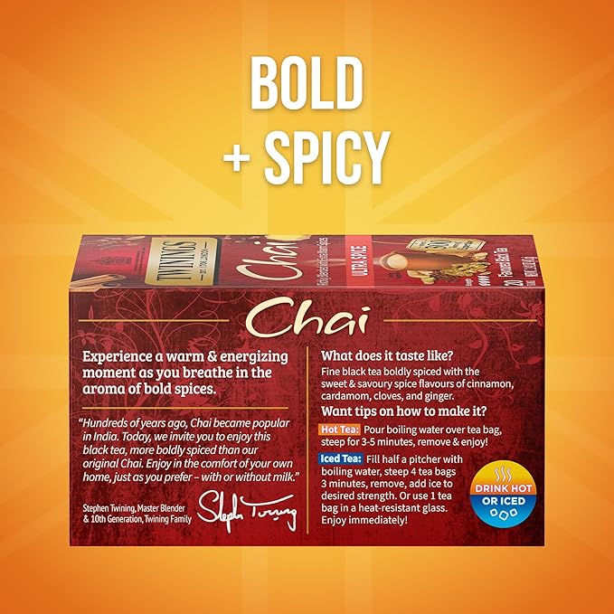 Twinings Ultra Spice Chai Black Tea Individually Wrapped Bags, 20 Count (Pack of 1), Sweet, Savoury Spices, Caffeinated, Enjoy Hot or Iced, 20 Teabags - Bloomnest