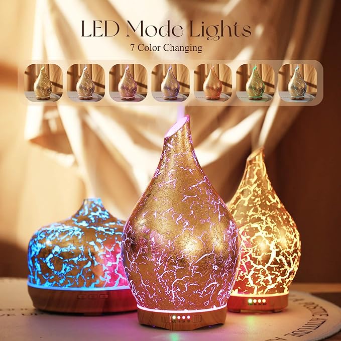 Porseme 280ml Essential Oil Diffuser, 3D Glass Aromatherapy Diffusor, Ultrasonic Cool Mist BPA Free Aroma Humidifier with Timer and Color Changing Function, Waterless Shut-Off for Home Office Room - Bloomnest
