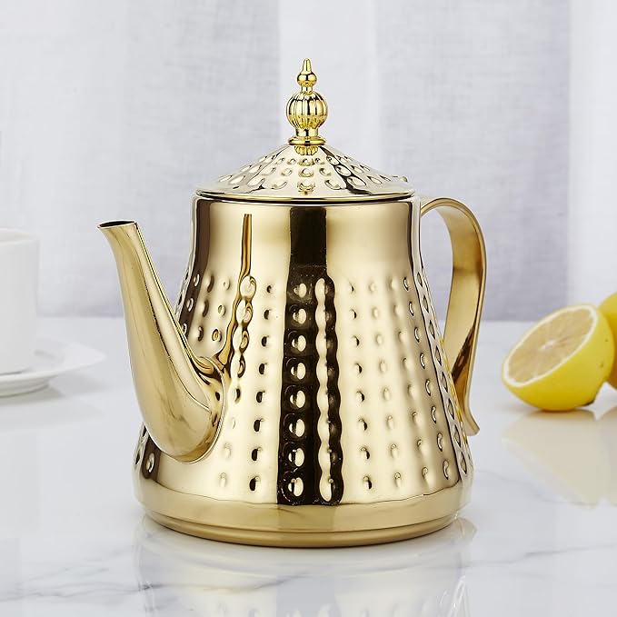 SANQIAHOME 1.2L(40oz) Stainless Steel Hammer Patterned Teapot With Removeable Infuser,Loose leaf cover,Gold - Bloomnest