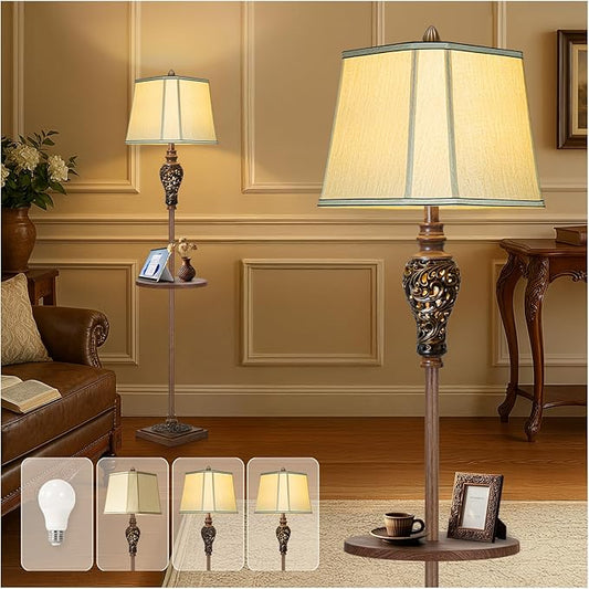 65" High Vintage Floor Lamp with Night Light and Glass Tray, Farmhouse Standing Lamp with Beige Faux Silk Shade, Retro Rustic Tall Lamp Decor for Living Room, Bedroom, Bedside, Corner (Bulb Included) - Bloomnest