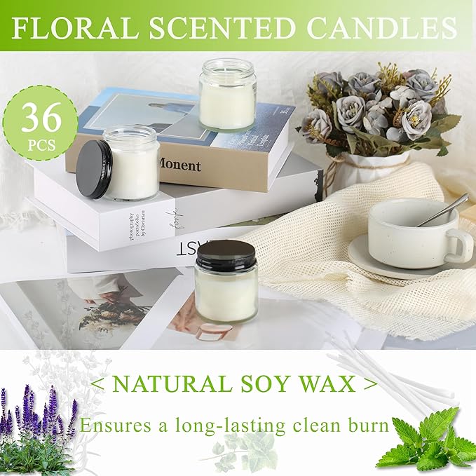 ACITHGL 36 Pcs 4oz Mini Mason Jar Candles Small Scented Candles Bulk Aromatherapy Ideal Souvenir Favors for Wedding Birthday Party (Sage, Mint, Citronella, Black) - Bloomnest