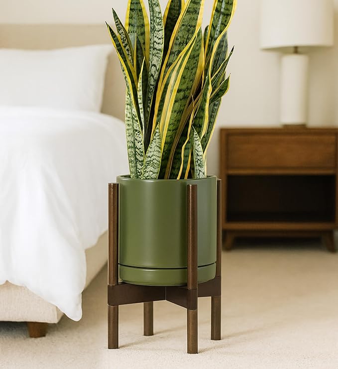 D'vine Dev Ceramic Planter with Walnut Color Stand - 10 Inch Modern Round Flower Pot with Wood Planter Holder, Olive, 55-B-X-J - Bloomnest