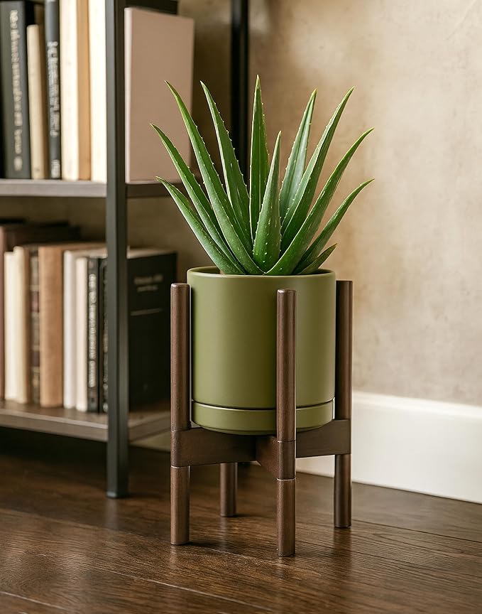 D'vine Dev Ceramic Planter with Walnut Color Stand - 8 Inch Modern Round Flower Pot with Wood Planter Holder, Olive, 55-B-Y-J - Bloomnest