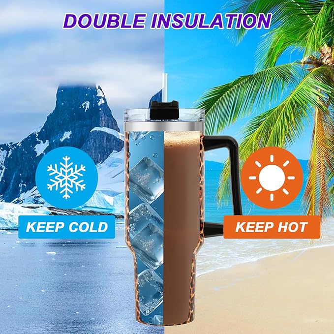 40 oz Tumbler with Handle and Flip Straw Lid, Vacuum Insulated Leak Proof Double Walled Stainless Steel Travel Mug Tumblers, Maintains Cold Ice and Heat for Hours(Leopard Brown Tumbler) - Bloomnest