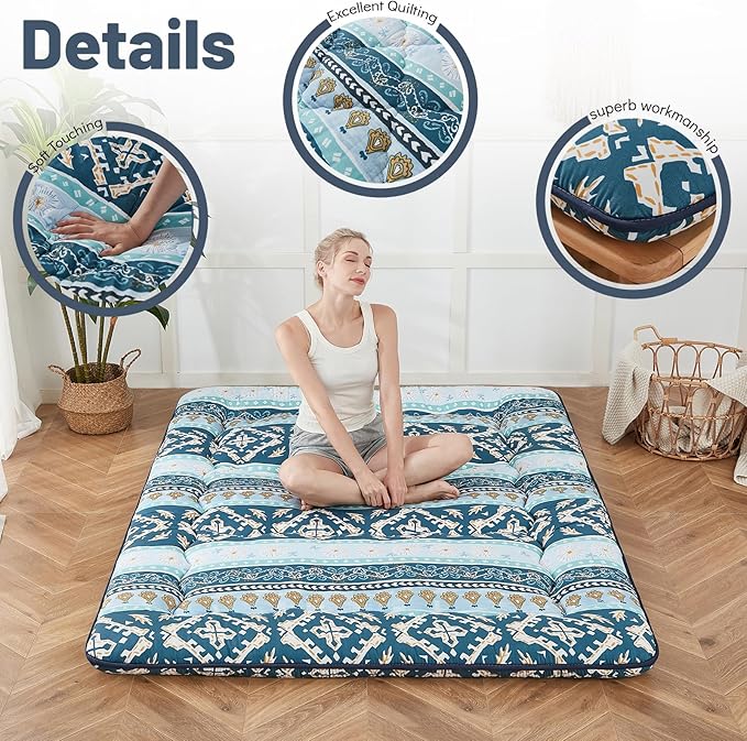 Japanese Floor Mattress, Futon Mattress with Portable Storage Bag and Washable Cover, Roll Up Thick Tatami Mat Suitable for Camping, Guest Room (Blue Striped Jacquard, Twin) - Bloomnest