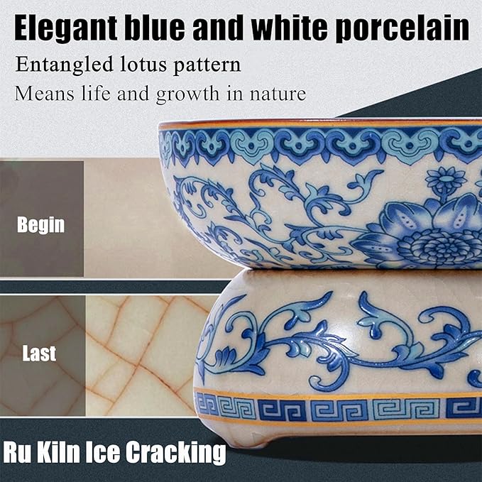 Ceramic Tea Infuser Strainers with Support Holder Saucer - Blue and White Porcelain Entangled Lotus Floral Pattern, Fine Mesh Loose Leaf Tea Colander Filter Kungfu Tea Ceremony Utensils