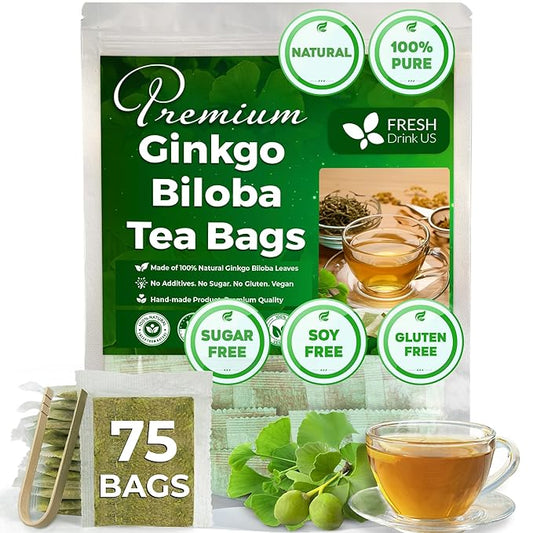 FreshDrinkUS, Premium 75 Ginkgo Biloba Leaf Tea Bags, 100% Natural & Pure from Ginkgo Biloba Leaves. Loose Leaf Herbal Tea. Made with Eco-Conscious Tea Bags. No Sugar, No Caffeine, No Gluten, Vegan. - Bloomnest