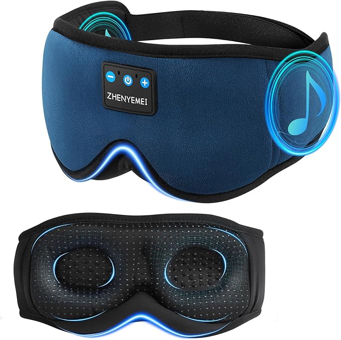 3D Sleep Mask with Bluetooth Headphones, Sleeping Headphones for Side Sleepers, Wireless Music Eye Mask with Ultra-Thin Stereo Speakers for Men, Women, Tech Gifts, Deep Blue - Bloomnest