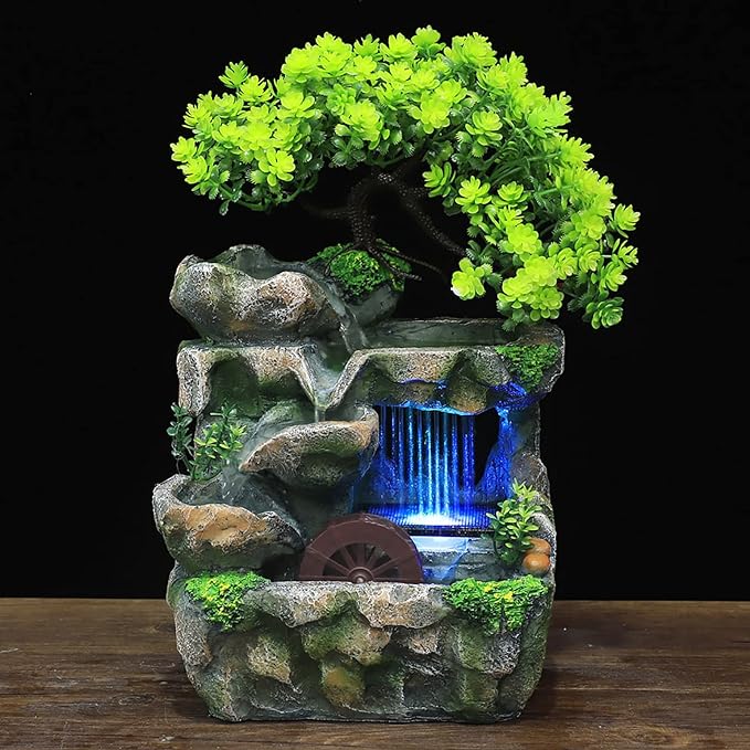 110V Small Rockery Water Fountain Indoor Desktop Resin Waterfall Fountain with LED Lights, Desktop Fountain Waterfall with Rockery, Desktop Ornament for Living Room, Office Decoration
