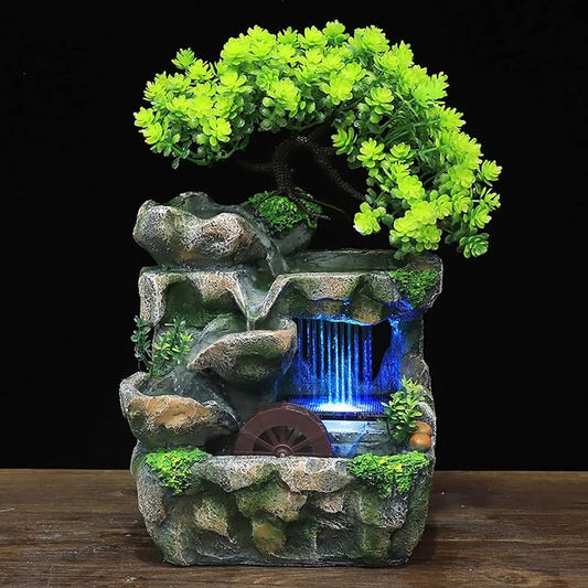 110V Small Rockery Water Fountain Indoor Desktop Resin Waterfall Fountain with LED Lights, Desktop Fountain Waterfall with Rockery, Desktop Ornament for Living Room, Office Decoration